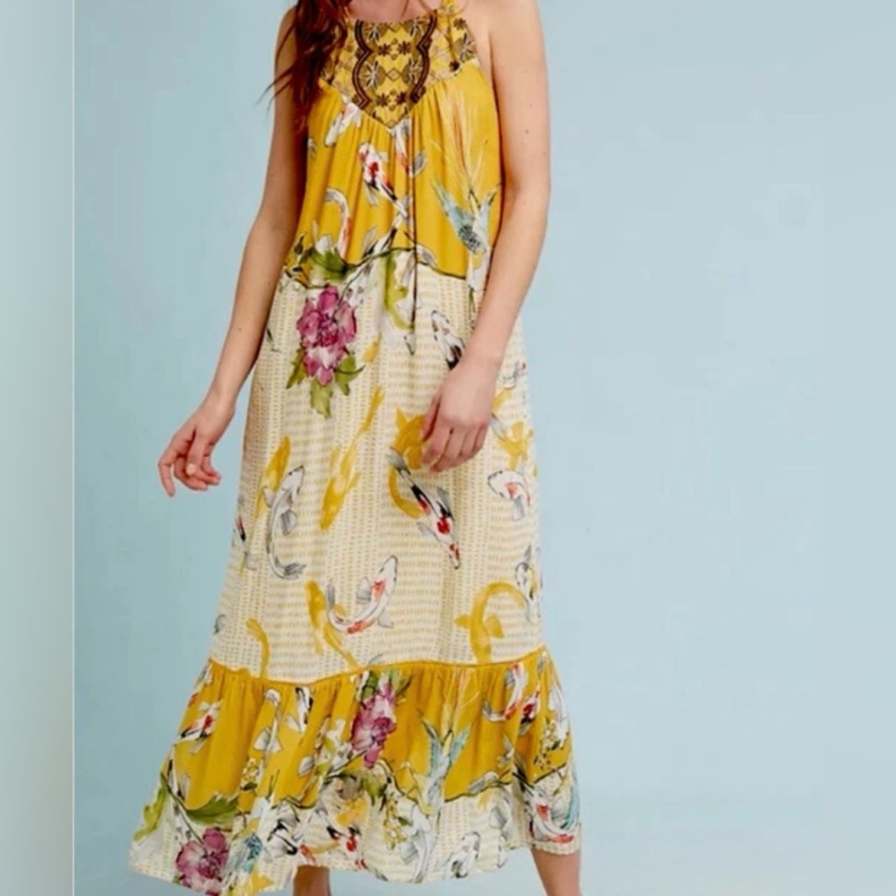 One September Anthropologie Koi Fish Embroidered Maxi Dress Yellow XS